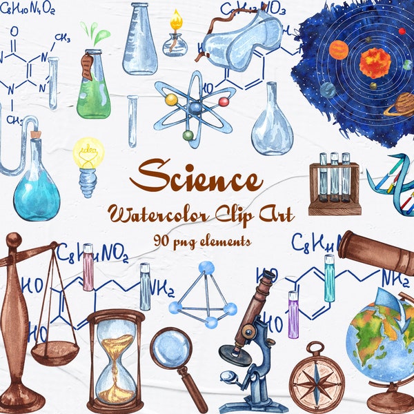 Science Watercolor Clipart. Back to school, chemistry, Laboratory Equipment Illustration, Solar System illustration, Vintage Science. PNG