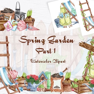 Gardening Watercolor Clipart. Spring Garden. Garden tools illustration. Watercolor garden art. Gardening clipart for instant download. (GC)