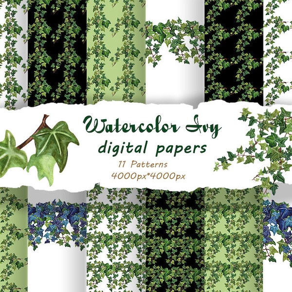 Ivy Digital paper. Ivy Clipart. Ivy wallpaper Clipart. Poison Ivy scrapbooking Clipart, Leaf Foliage, Watercolor Ivy Vines pattern.