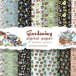 Papel digital de jardinería. Patrones sin costuras de jardinería. Papel de regalo de jardín. Fondo de jardín de acuarela. Imágenes prediseñadas de jardinería. (GC)