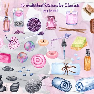 May include: A collection of 46 watercolor illustrations of spa and bath products, including candles, soaps, bath bombs, essential oils, brushes, and towels. The illustrations are in a variety of colors, including pink, purple, blue, green, and brown.