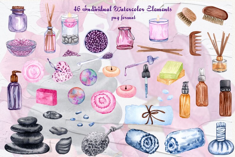 May include: A collection of 46 watercolor illustrations of spa and bath products, including candles, soaps, bath bombs, essential oils, brushes, and towels. The illustrations are in a variety of colors, including pink, purple, blue, green, and brown.