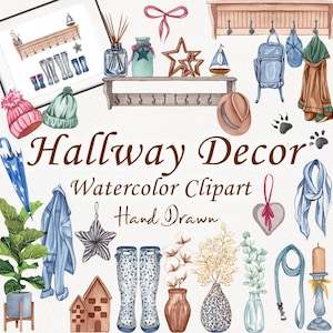 Clipart de conception de couloir. Décoration intérieure. Créateur de scènes de couloir. Meubles aquarelle. Maison confortable. Clipart famille bottes en caoutchouc. PNG (FP)