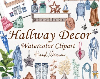 Gangontwerp clipart. Interieurdecoratie. Gangscènemaker. Aquarel meubels. Gezellig huis. Familie regenlaarzen clipart. PNG (FP)