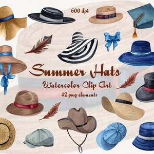 Clipart aquarelle de chapeaux d'été. Mode, tenue Clipart. Chapeaux femme, chapeau homme. Image clipart mode PNG