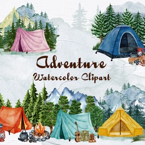 Camping Aquarel Clipart. Boslandschap. Aquarel wild kamperen, Bos, Reizen. Familie avontuur. Wandelen Clipart. Camper. Wcc