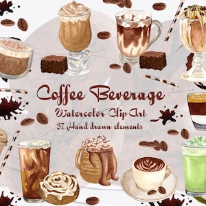 Clipart de bebidas de café. Café aquarela, design de menu de cafeteria. Conjunto de bebidas de café. Grãos De Café, Cappuccino, Planta De Café PNG
