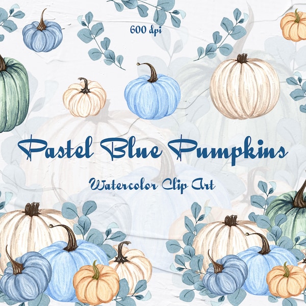 Blue Pumpkin Clipart. Watercolor Pumpkin Clipart. Pumpkin Frame.  Autumn Clip Art. Pastel Blue Pumpkins. Harvest Clipart. PNG