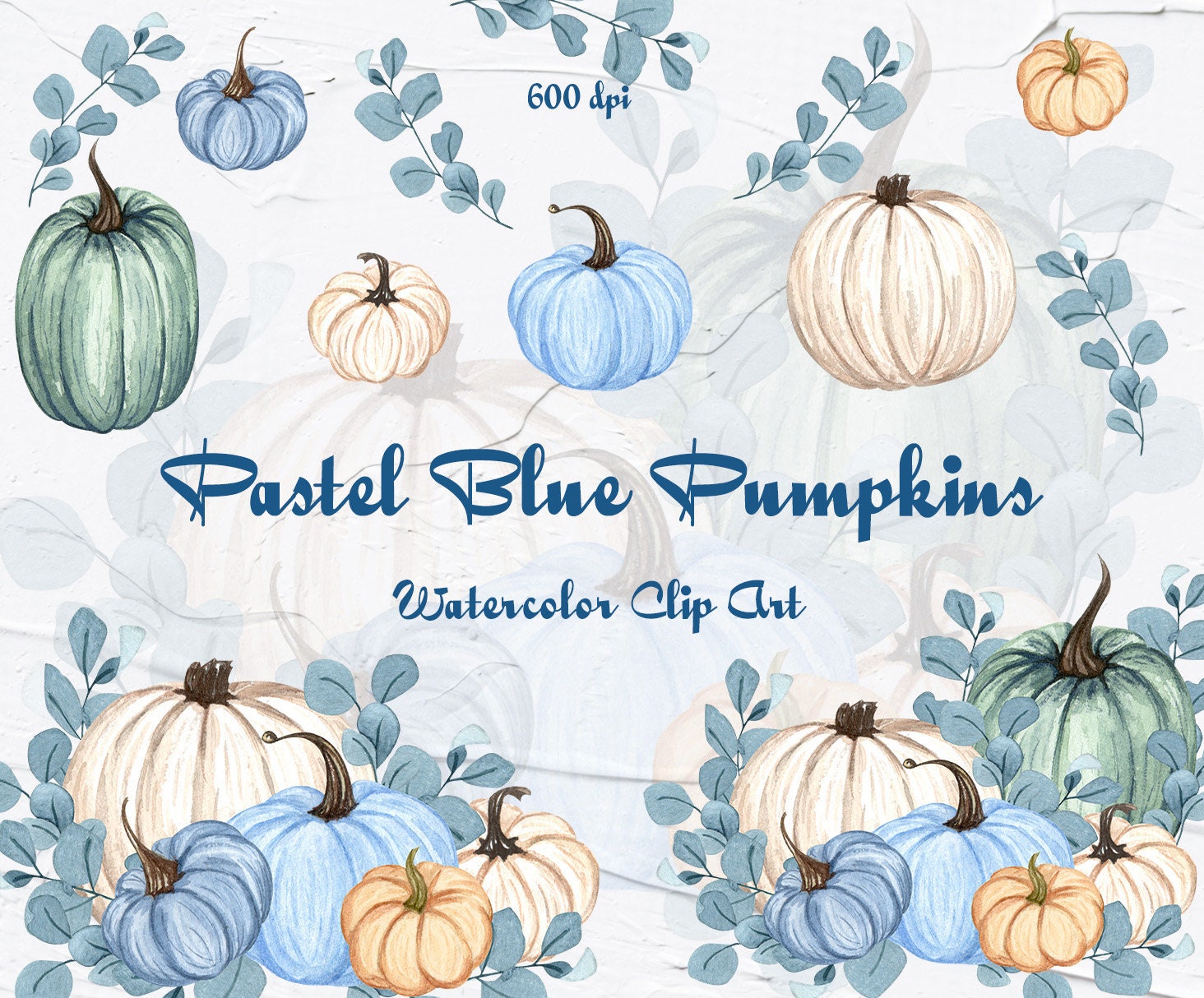 Blue Pumpkin Clipart. Watercolor Pumpkin Clipart. Pumpkin Frame.  Autumn Clip Art. Pastel Blue Pumpkins. Harvest Clipart. PNG