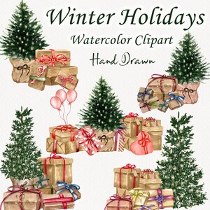 Könnte beinhalten: Aquarell-Clipart für Winterferien mit Weihnachtsbäumen und Geschenken. Das Bild zeigt einen handgezeichneten Stil auf weißem Hintergrund.