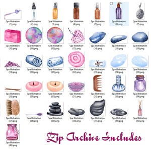May include: A collection of 46 watercolor illustrations of spa and wellness items, including candles, bath bombs, essential oils, and massage tools. The illustrations are in a variety of colors, including pink, blue, green, and brown.