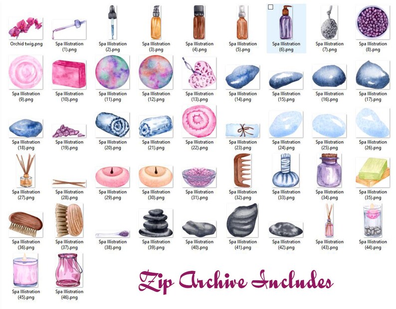 May include: A collection of 46 watercolor illustrations of spa and wellness items, including candles, bath bombs, essential oils, and massage tools. The illustrations are in a variety of colors, including pink, blue, green, and brown.