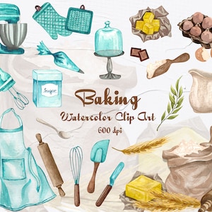 Clipart aquarela de cozimento. Ilustração de suprimentos de panificação. Clipart de padaria em aquarela, culinária, utensílios de cozinha para download instantâneo. PNG BC