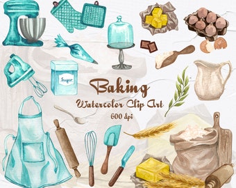 Baking Watercolor Clipart. Baking supplies illustration. Watercolor bakery clip art, Cooking, Kitchen Utensils for instant download. PNG BC