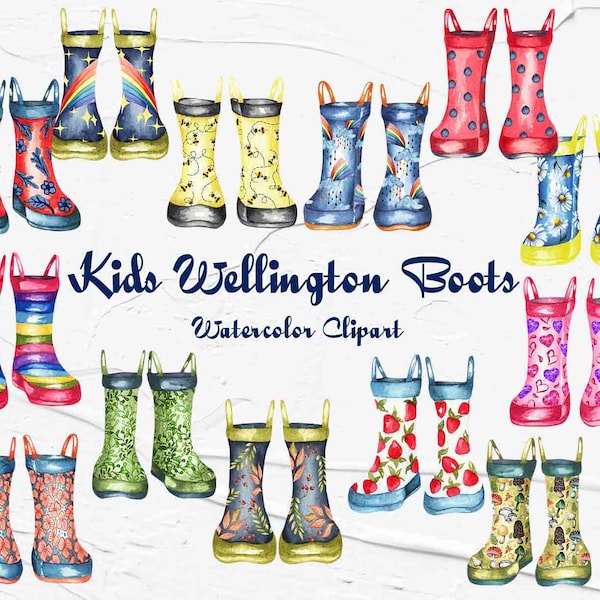 Clipart Kids Wellington Boot. Clipart de bottes de pluie. Aquarelle Boots clip art. Parapluies, Bottes en caoutchouc Clipart. Famille Wellies Clipart. (FP)