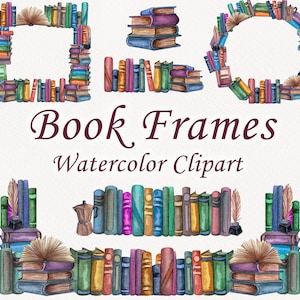 Watercolor Book Frames Clipart. Book shelf Clipart. Vintage Library. Reading Watercolor Cliprt. Old books template. School Frame PNG (OB)