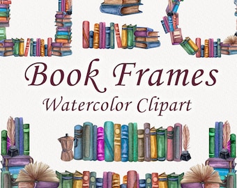 Watercolor Book Frames Clipart. Book shelf Clipart. Vintage Library. Reading Watercolor Cliprt. Old books template. School Frame PNG (OB)