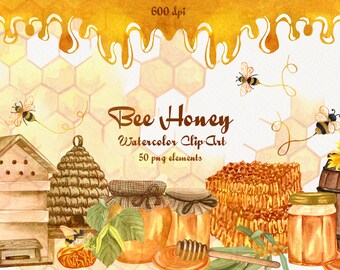 Bee Watercolor Clipart, Honey Watercolor Clipart, Bees Clip art, Honey Illustration, Honey Bees clipart, honeycomb clipart