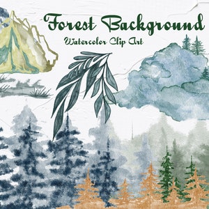 Imágenes prediseñadas de acuarela del bosque. Imágenes prediseñadas de acuarela de paisaje. Ilustraciones del bosque. Imágenes prediseñadas de árboles, imágenes prediseñadas de montañas de acuarela. PNG