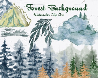 Clipart aquarelle de forêt. Clipart aquarelle de paysage. Illustrations boisées. Clipart d'arbres, clipart de montagnes d'aquarelle. PNG