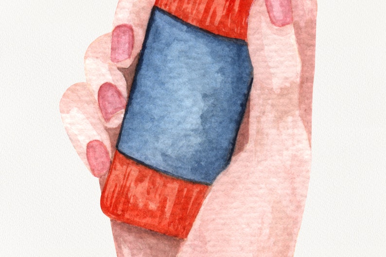 May include: A hand holding a red and blue spray bottle. The bottle has a label with a blue background.