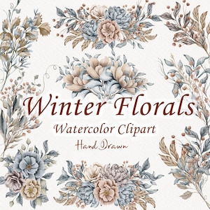Clipart de flores de invierno en acuarela. Ilustración botánica de invierno. Clipart de flores secas. Conjunto floral neutro. Invierno azul. PNG dibujado a mano