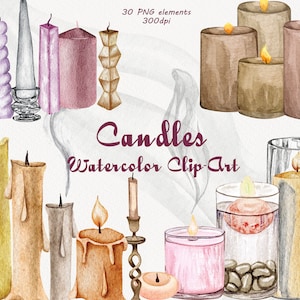 Candles Watercolor Clipart. Halloween candles. Vintage Candles Clipart. Lights Clip art. Aromatherapy. Smoke Watercolor. Christmas simbol.