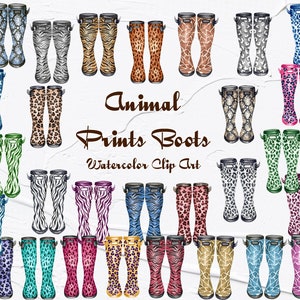 Gummistiefel Clipart. Animal Print Stiefel. Regen Stiefel Clipart. Aquarell Stiefel Clipart. Gummistiefel. Familie Gummistiefel Clipart. (FP)