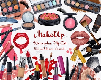 May include: Watercolor clip art set of makeup items, including brushes, lipsticks, eyeshadow palettes, and blush. The set includes 62 hand-drawn elements. The text "MakeUp Watercolor Clip-Art 62 Hand drawn elements" is written in red.