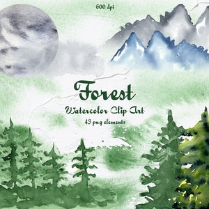 Clipart dell'acquerello della foresta. Clipart dell'acquerello di paesaggio. Illustrazioni di boschi. ClipArt di alberi, ClipArt di montagne ad acquerello. PNG