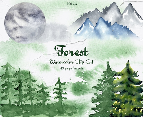 Forest Watercolor Clipart. Landscape Watercolor Clipart. Woodland illustrations. Trees Clip art, Watercolour Mountains clip art. PNG