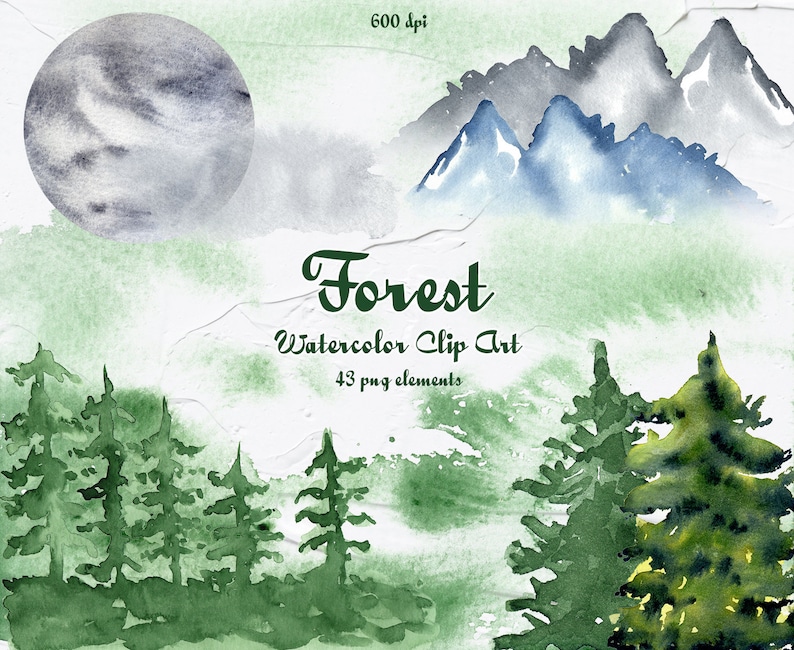 Peut inclure: Ensemble d'images clipart aquarelle repr&eacute;sentant une sc&egrave;ne de for&ecirc;t avec des arbres verts, une cha&icirc;ne de montagnes bleues et grises et une lune grise. Le texte "Forest Watercolor Clip Art 43 png elements" est &eacute;crit en vert.