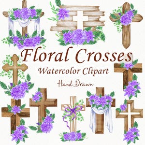 Clipart floral croix. Mariage croix Clipart. Croix en bois. Pâques. Clipart croix violet aquarelle. Croix de baptême. Symbole de Pâques PNG
