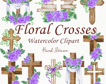 Imágenes prediseñadas de cruces florales. Imágenes prediseñadas de cruces de boda. Cruces de madera. Pascua. Imágenes prediseñadas de cruces moradas en acuarela. Cruz de bautismo. Símbolo de Pascua PNG