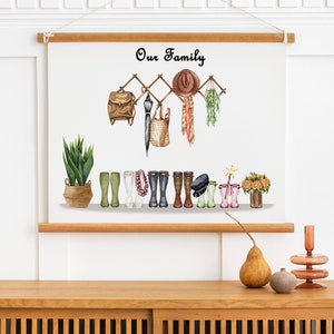 May include: A watercolour illustration of a family's boots and accessories hanging on a rack. The illustration includes a backpack, hat, scarf, umbrella, and potted plant. The text "Our Family" is written at the top of the illustration.