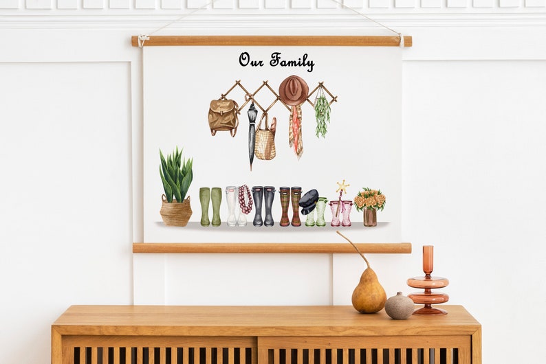 May include: A watercolour illustration of a family's boots and accessories hanging on a rack. The illustration includes a backpack, hat, scarf, umbrella, and potted plant. The text "Our Family" is written at the top of the illustration.