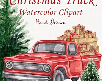 Akvarell jullastbil Clipart. Helgdagar Clipart. Vintage röd pickup. Julgran röd bil. Nyårs röd lastbil. Handritad. PNG