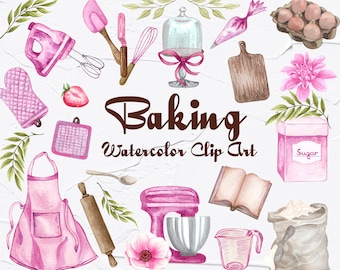Watercolor Baking Clipart. Baking supplies illustration. Watercolor Bakery clipart, Cooking, Kitchen Utensils for instant download. PNG BC