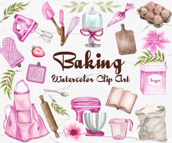 Watercolor baking supplies clipart. Pink kitchen utensils PNG