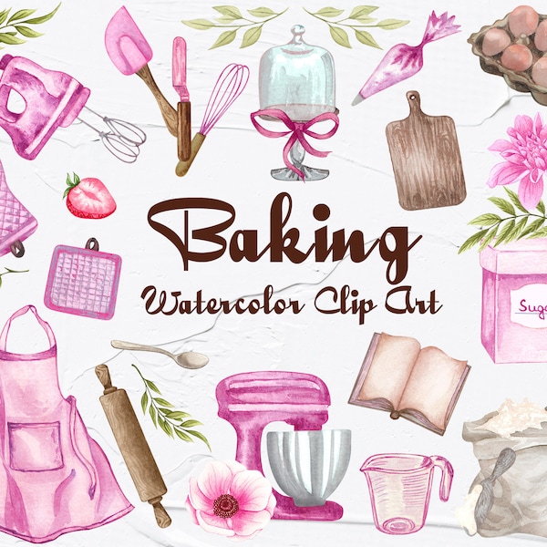 Watercolor Baking Clipart. Baking supplies illustration. Watercolor Bakery clipart, Cooking, Kitchen Utensils for instant download. PNG BC