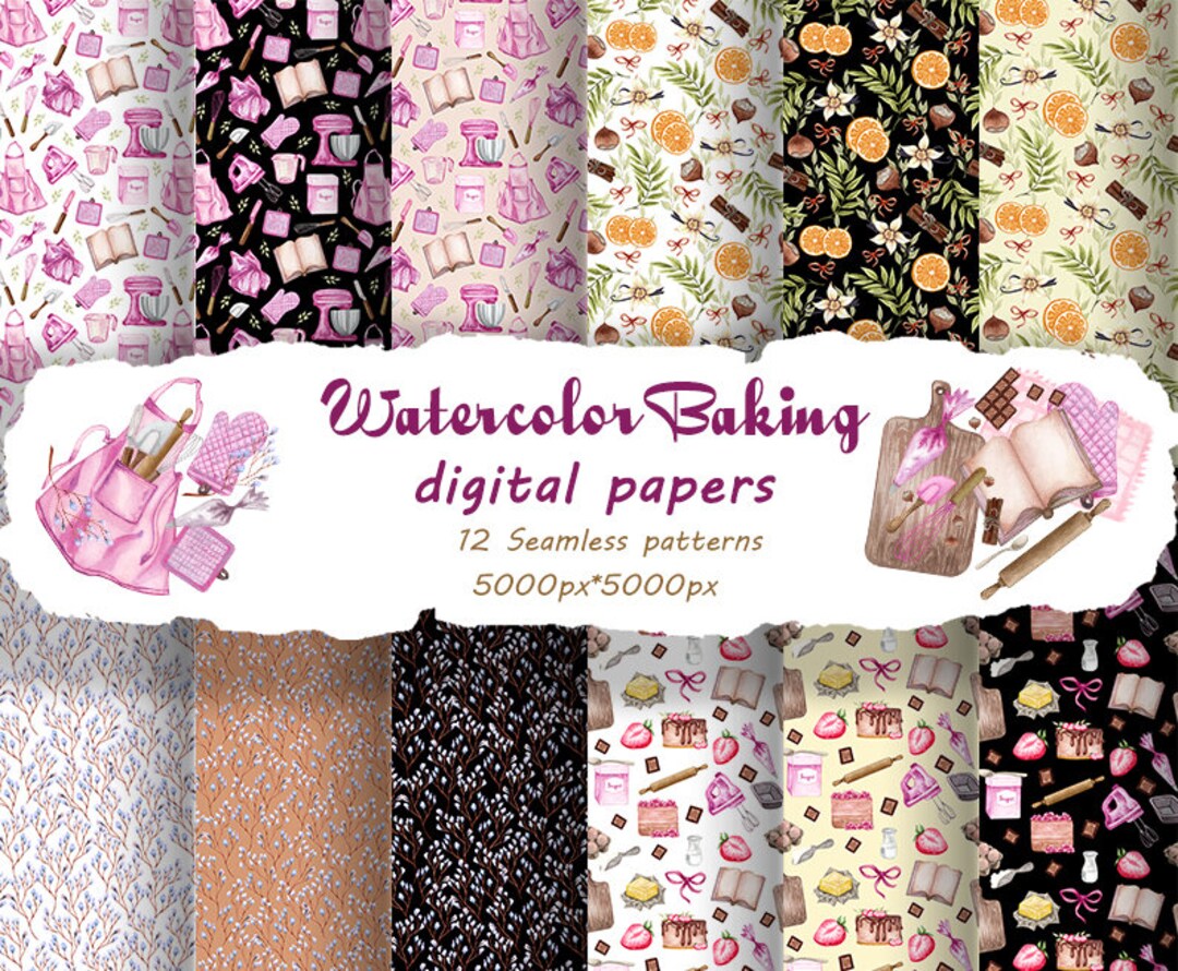 Baking Digital Paper. Baking Clipart. Watercolor Bakery Clipart ...