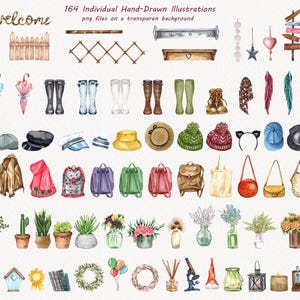 May include: A collection of 164 watercolour illustrations featuring various objects, including umbrellas, boots, hats, backpacks, plants, and more. The illustrations are hand-drawn and have a whimsical, charming style.