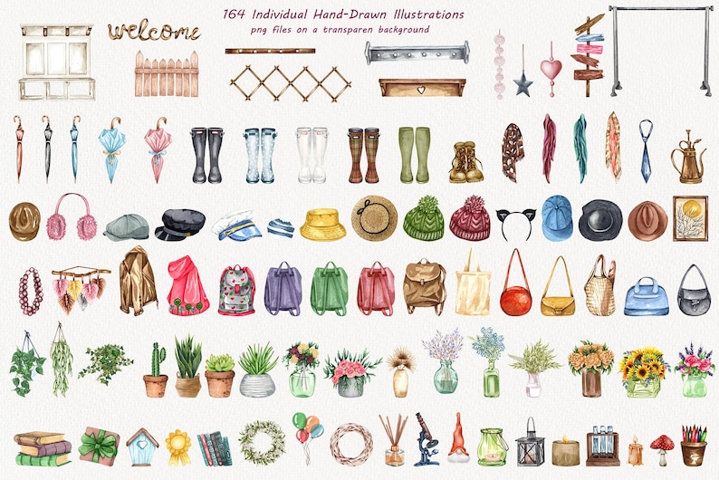 May include: A collection of 164 watercolour illustrations featuring various objects, including umbrellas, boots, hats, backpacks, plants, and more. The illustrations are hand-drawn and have a whimsical, charming style.