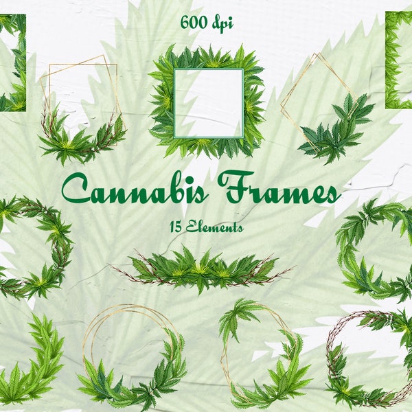 Cannabis Frames clipart, Hemp Wreath clip art, Marijuana clipart, Cannabis Templates, Watercolor Cannabis, hemp, weed PNG WCAC