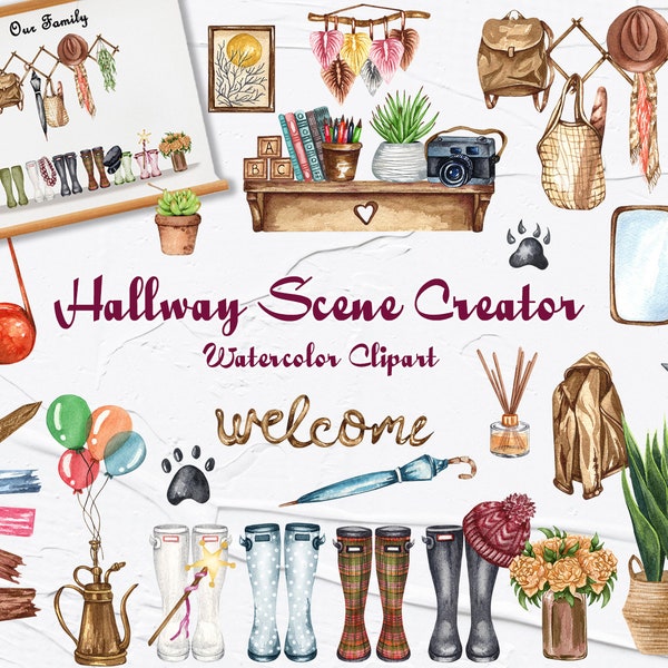 Hallway Scene Creator Watercolor Clipart. Interior Decor. Watercolor furniture. Cozy Home. Family Wellies Clipart. PNG (FP)