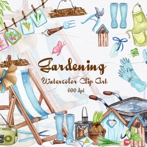 Jardinería Acuarela Clipart. Ilustración de herramientas de jardín. Arte de jardín de acuarela, primavera, imágenes prediseñadas de jardinería para descarga instantánea. PNG (GC)