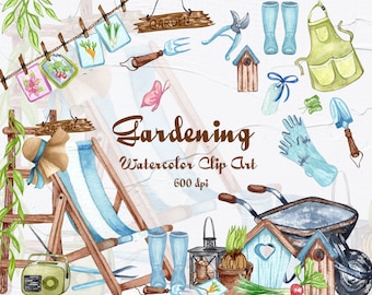 Gardening Watercolor Clipart. Garden tools illustration. Watercolor garden art, Spring, Gardening clipart for instant download. PNG (GC)