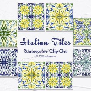 Clipart aquarelle de carreaux italiens. Clipart aquarelle de carreaux portugais. Aquarelle numérique en mosaïque. Motif de carreaux. Carrelage méditerranéen, grec