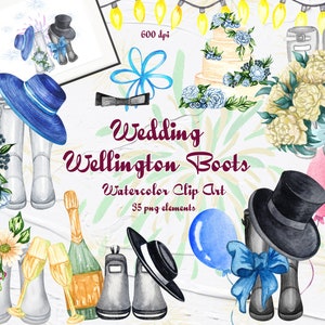 Könnte beinhalten: Aquarell-Clipart-Set mit Wellington-Stiefeln zum Thema Hochzeit, Blumen, Kuchen, Champagner und anderen Hochzeitsaccessoires. 35 PNG-Elemente.