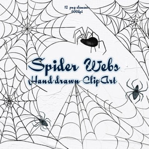 Op de afbeelding: Een set van 12 handgetekend zwart-witte clip art illustraties van spinnenwebben. De webben zijn ingewikkeld en gedetailleerd, met spinnen in het midden van sommige webben.